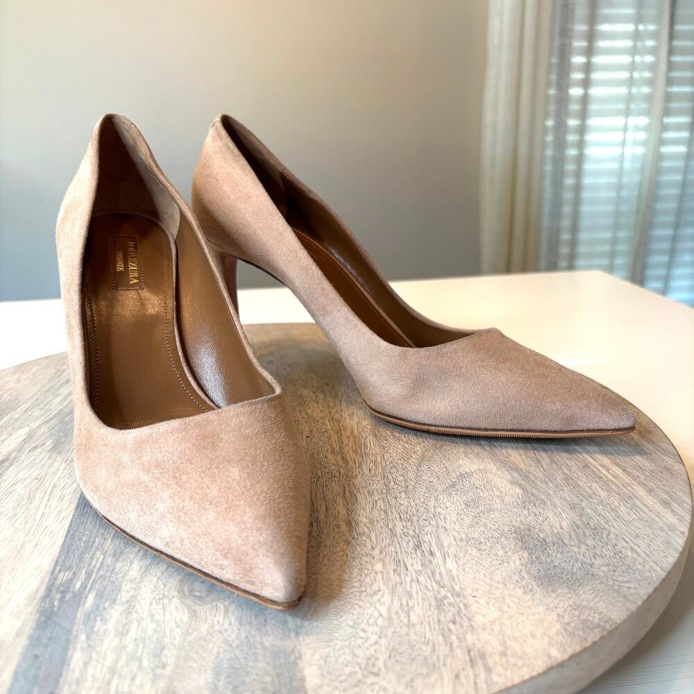 Aquazzura Purist 105 Nude Suede Pumps Size 41 US 11 Pointed Toe Heels Italy